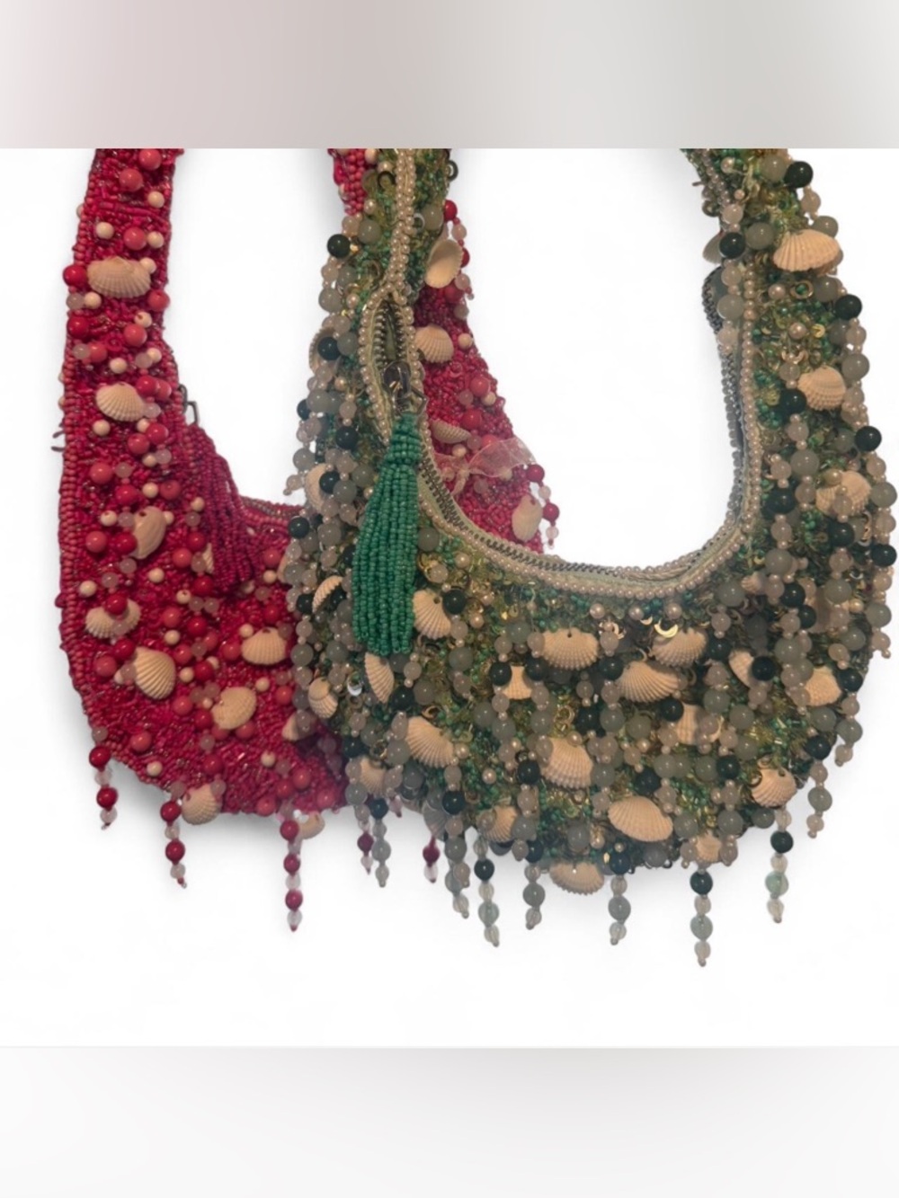 Beaded Shell Fringe Shoulder Bag - Green & Red